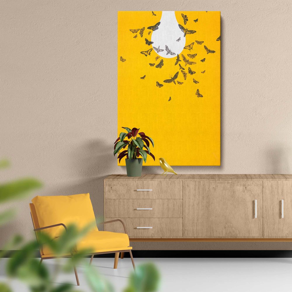 Intricate and nature-inspired yellow wall canvas showcasing moths attracted to a glowing white lightbulb, a captivating piece designed to brighten living rooms, bedrooms, or offices with its unique and artistic presentation.