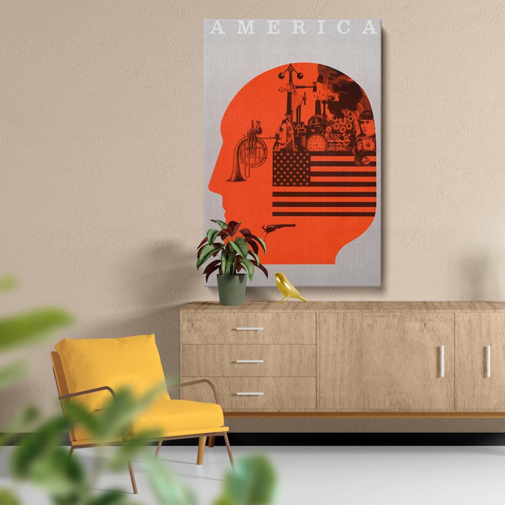 Modern art print combining abstract design with a bright orange head silhouette filled with intricate industrial elements, cultural icons, and the American flag, designed to inspire conversation and enhance any living or working space.