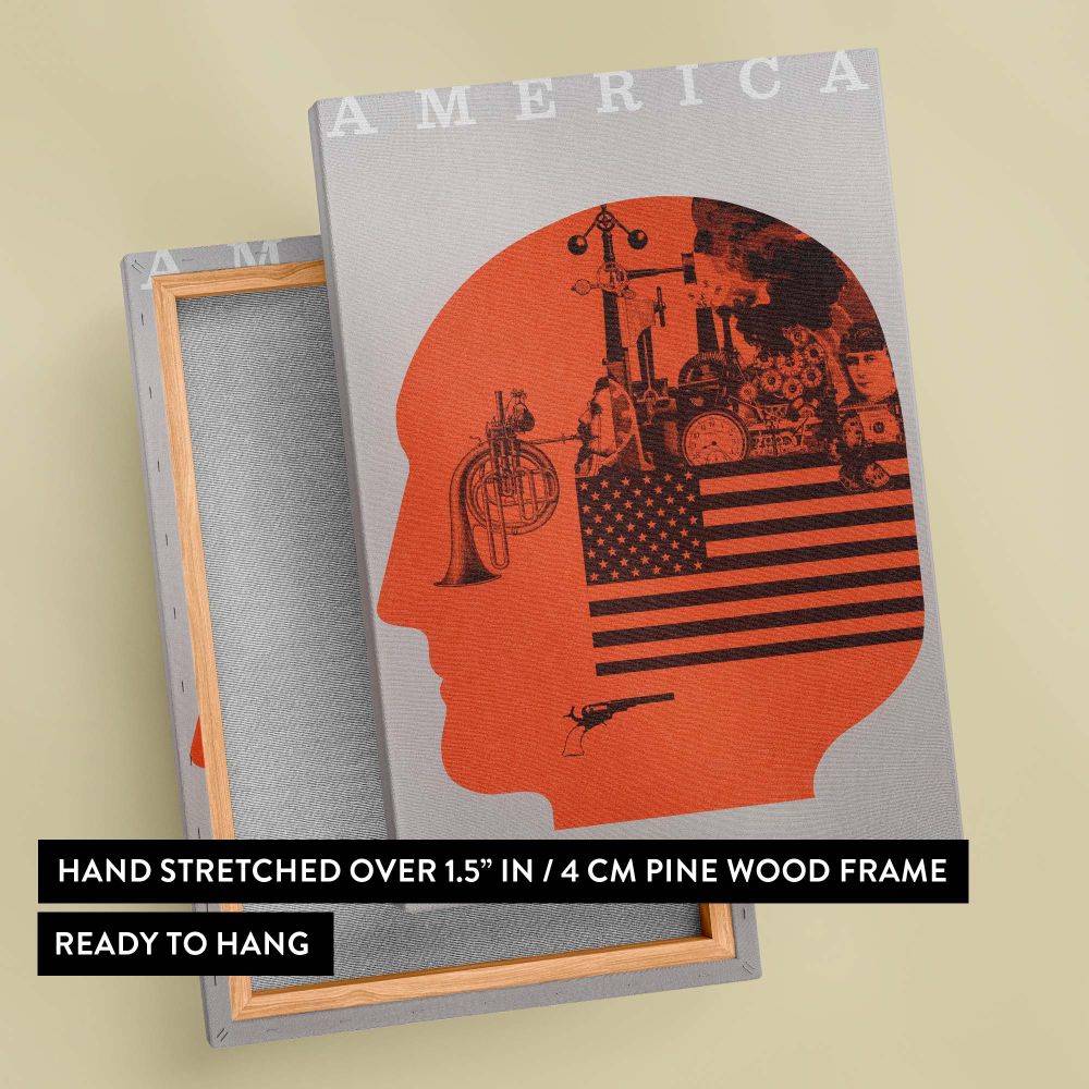 Artistic orange wall print showcasing a head-shaped design filled with industrial illustrations, the American flag, and cultural motifs, making it a perfect statement piece for contemporary, industrial, or eclectic interiors.
