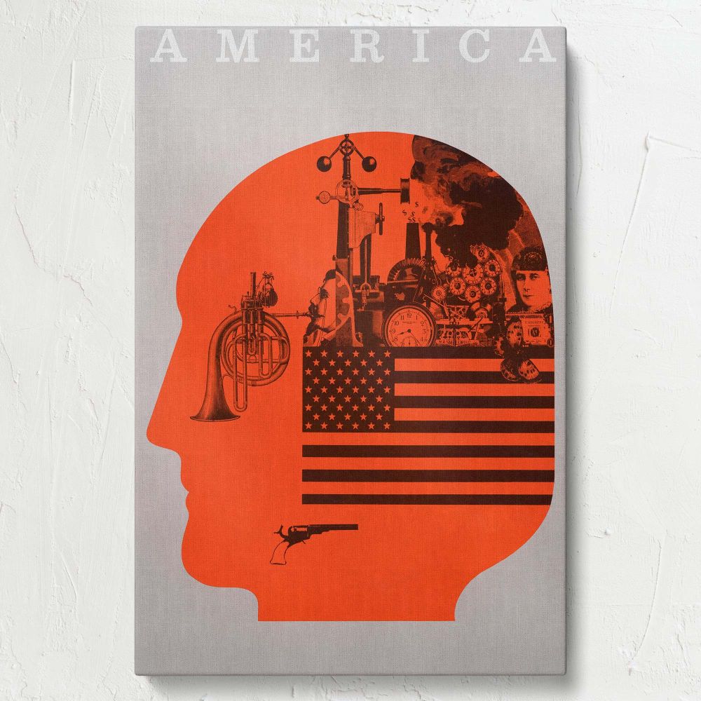 Contemporary art featuring a bold orange head outline embedded with symbolic industrial elements, the American flag, and intricate abstract details, creating a striking and thought-provoking addition to any art collection.