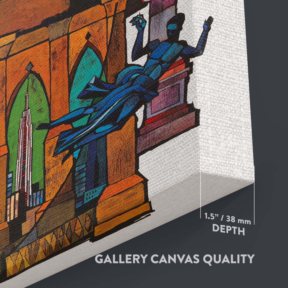 Unique New York City art print featuring a vibrant depiction of the Statue of Liberty alongside other NYC landmarks, including detailed illustrations of gothic architecture, bridges, and city icons, designed for bold and eye-catching interior decor.