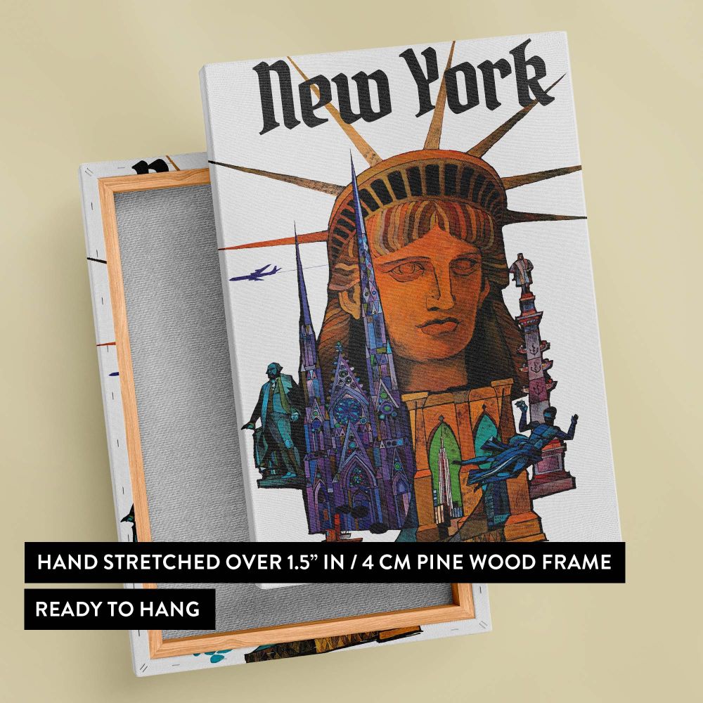 Detailed New York City art print featuring the Statue of Liberty at the forefront, surrounded by iconic NYC landmarks, vibrant architectural designs, and urban imagery that embodies the city's cultural and architectural spirit.