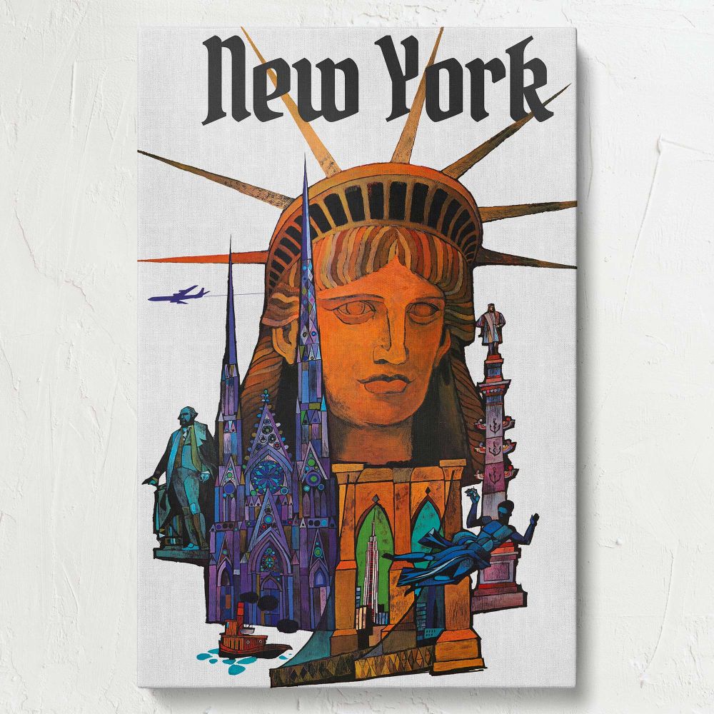 Striking and colorful New York City art print showcasing the Statue of Liberty with vibrant illustrations of famous landmarks and urban designs, capturing the energetic and iconic essence of the city for unique wall decor.