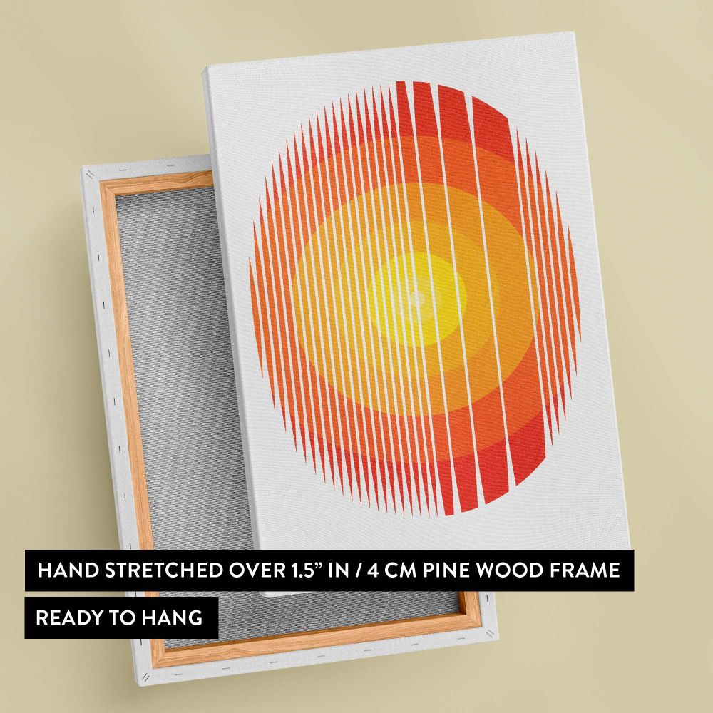 Concentric gradient circle artwork with vibrant orange and yellow hues and intersecting vertical striped accents, designed to infuse modern living spaces with warmth, creativity, and a contemporary artistic vibe.