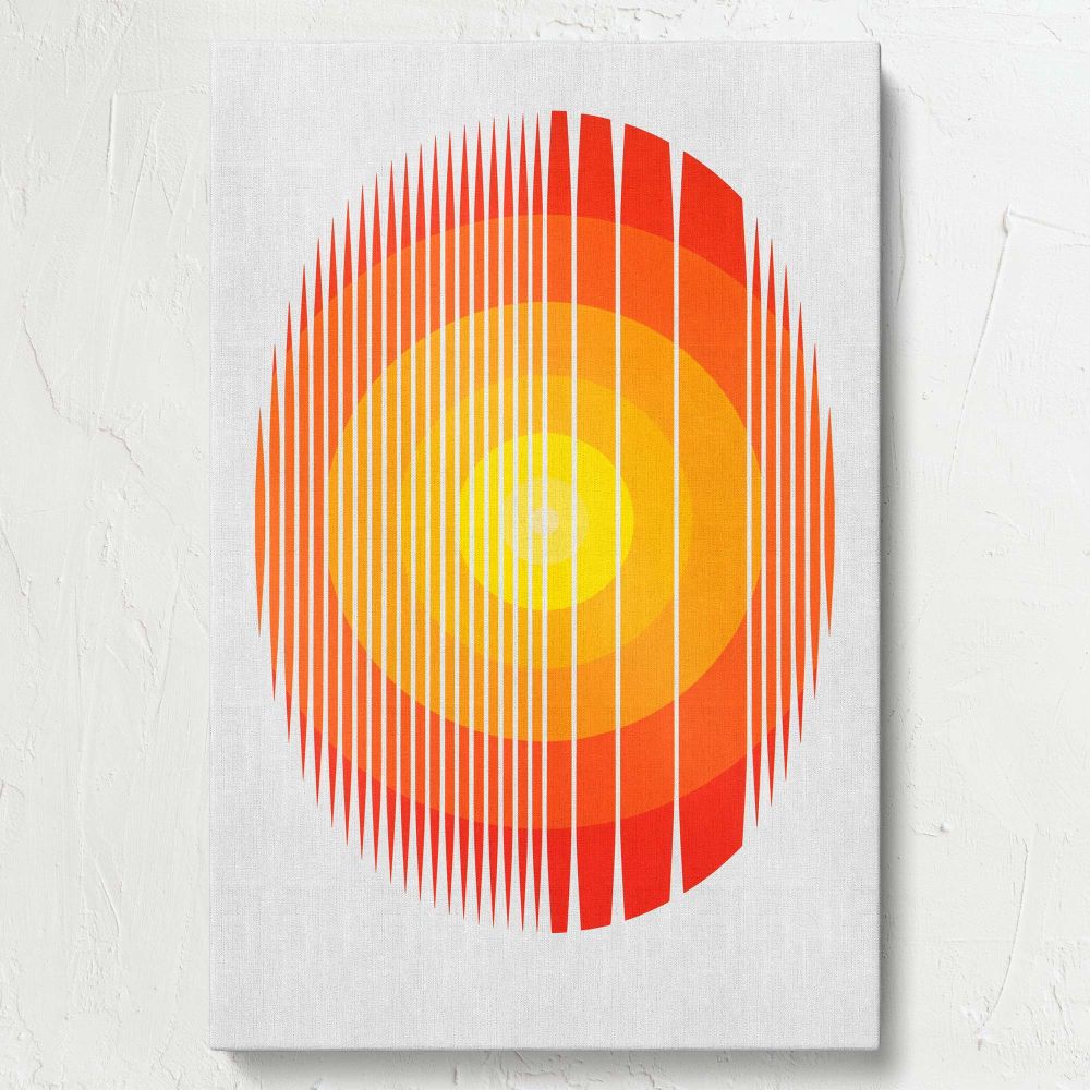 Warm-toned abstract wall art featuring a combination of orange and yellow gradient concentric circles with sharp vertical stripe patterns, creating a visually captivating centerpiece for modern, eclectic, or minimalist spaces.