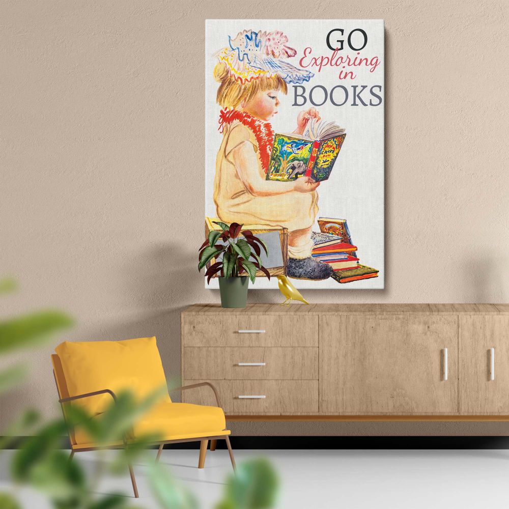 Whimsical vintage illustration of a young girl lost in a story, holding a book with an elephant and jungle cover design, accompanied by text encouraging adventure and exploration, ideal for inspiring children to embrace reading and creativity.