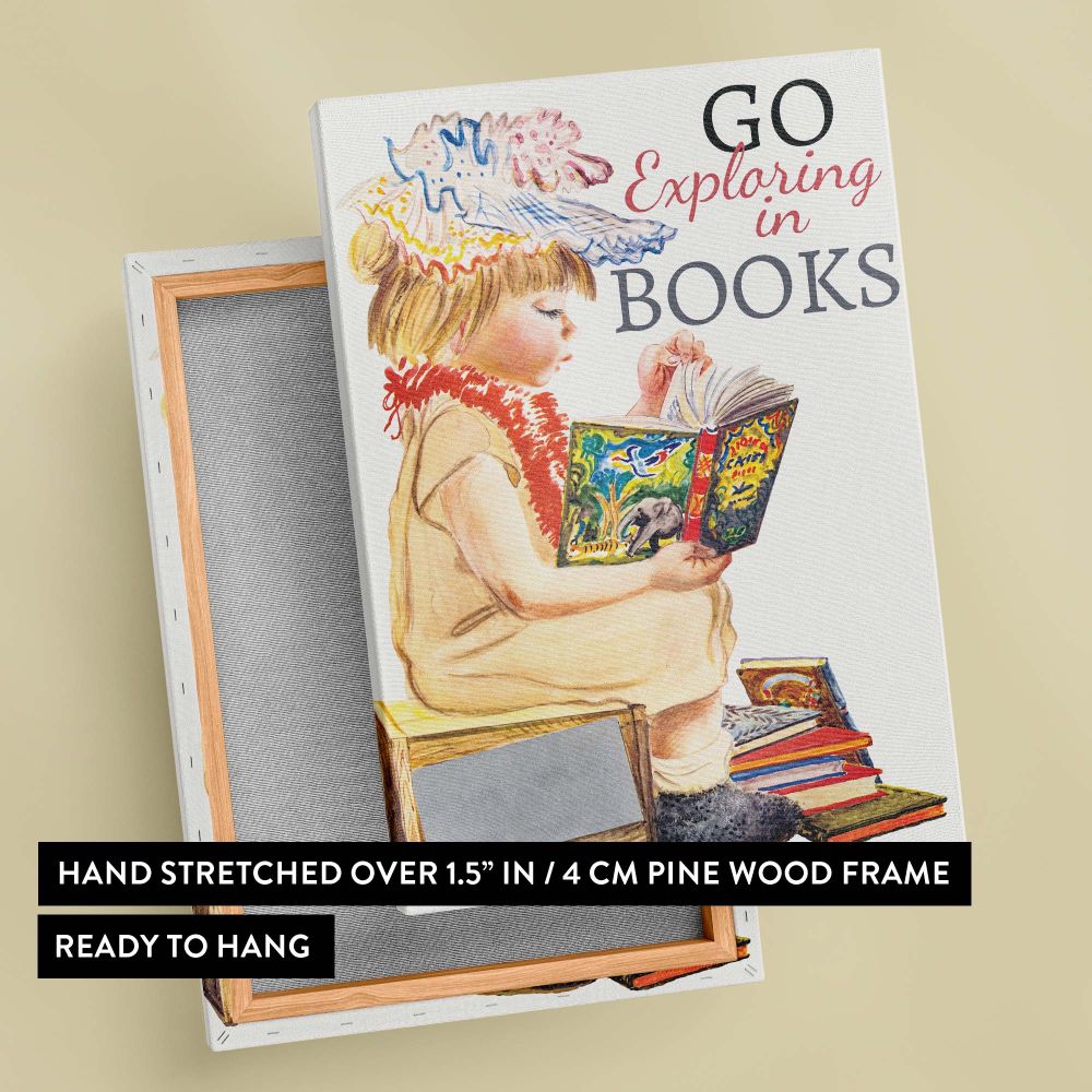 Charming depiction of a little girl reading a colorful storybook, surrounded by stacked books and adorned with the phrase 