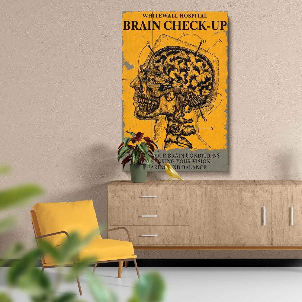 Retro science wall art with a yellow background featuring an anatomical brain diagram in black ink, accompanied by text promoting the early detection of brain conditions through vision, hearing, and balance examinations for health care awareness.