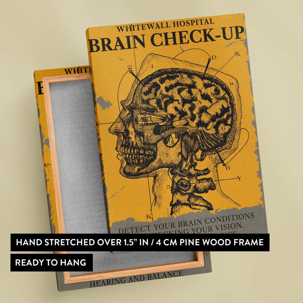 Intricate vintage-style medical art piece showcasing the human brain and skull in detailed linework, with labeled parts and informative text encouraging regular brain health checks to monitor wellness and detect potential conditions early.