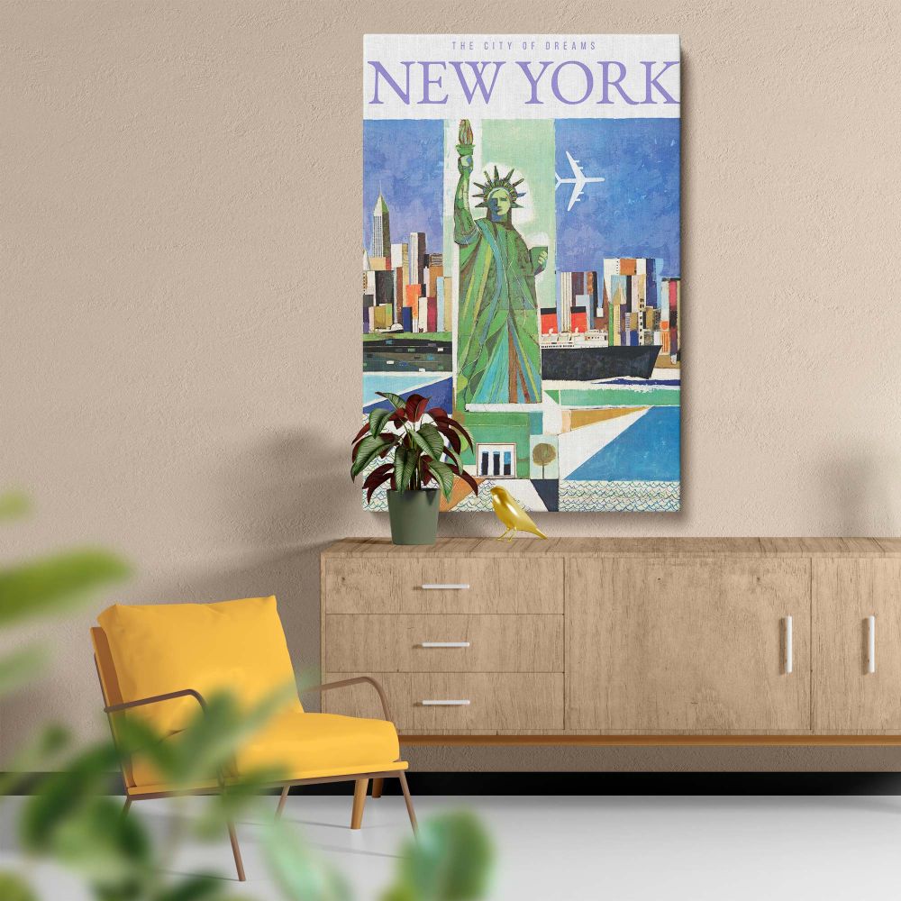 Modern New York wall art featuring the Statue of Liberty in an abstract style, surrounded by colorful city buildings, an ocean setting with rippling waves, and an airplane flying overhead, emphasizing the city's vibrant and adventurous atmosphere.