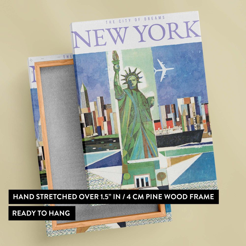Artistic travel print of New York City highlighting the Statue of Liberty, bright and colorful skyscrapers, geometric ocean waves, and an airplane in flight, perfect for showcasing the energy and beauty of this iconic destination.