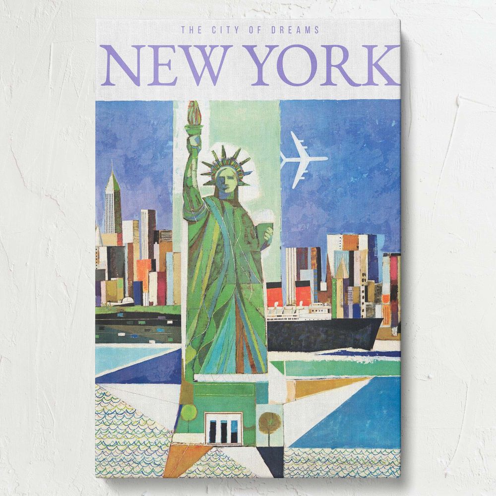 Unique art print of New York City with the Statue of Liberty in the foreground, bold geometric city buildings, rippling ocean waves, and an airplane symbolizing adventure and travel above, celebrating the iconic 