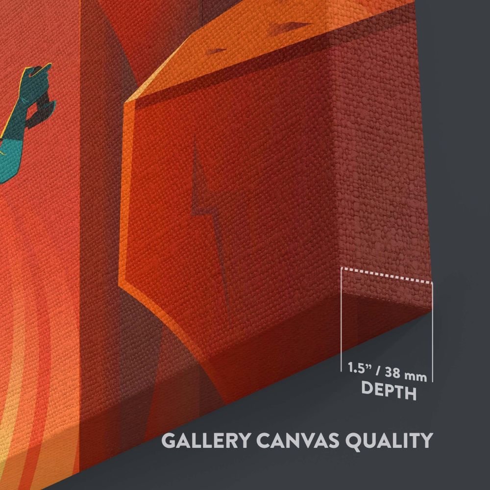 Sci-fi wall canvas illustrating a Mars mission adventure with astronauts traversing rocky cliffs, a futuristic habitat pod in the background, and a golden sunlit sky, creating an inspiring and adventurous piece for space enthusiasts.
