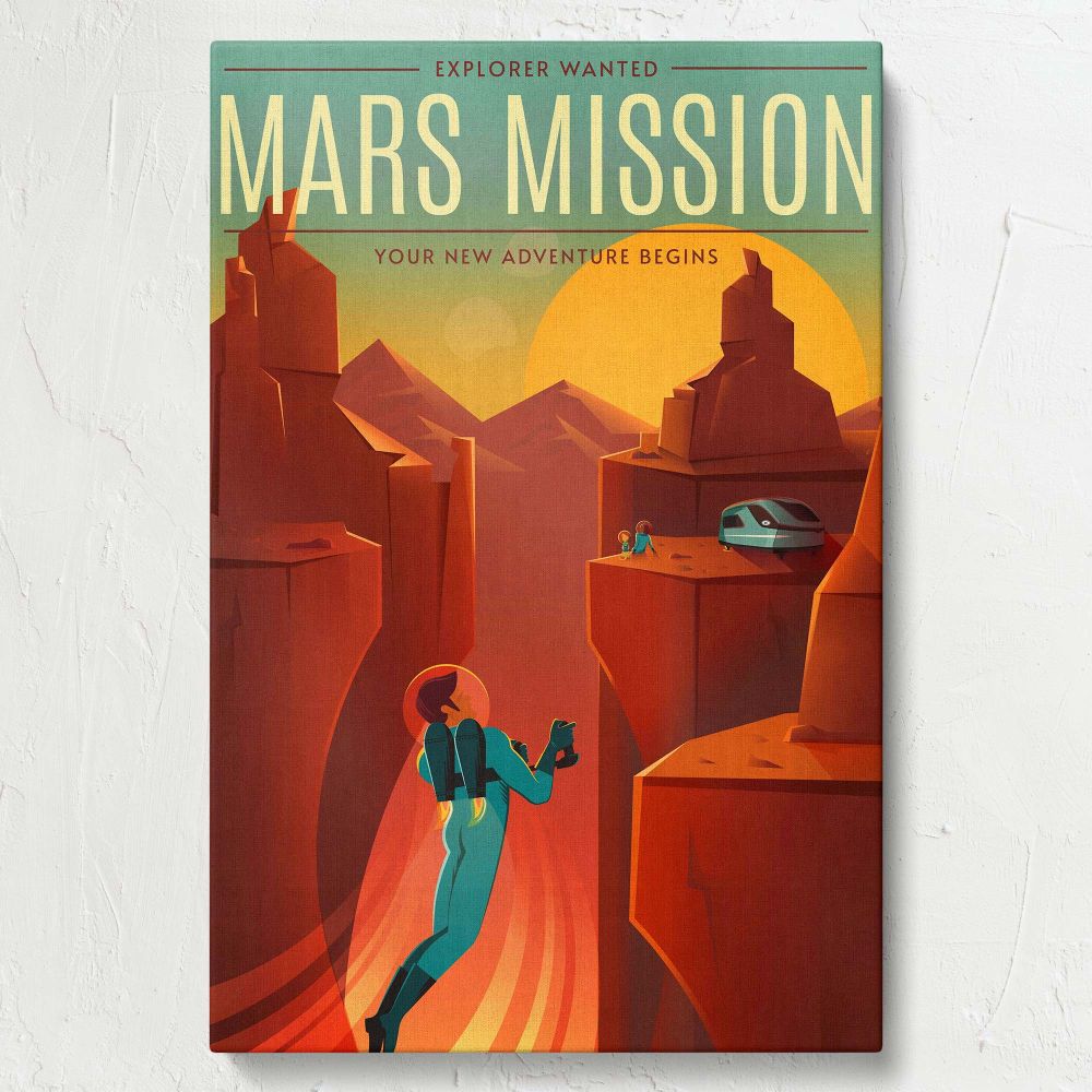 Retro-style wall art depicting astronauts exploring Mars with dramatic red cliffs, a futuristic living pod, and a glowing golden sky, blending artistic design with space exploration themes for a bold and inspiring decor piece.