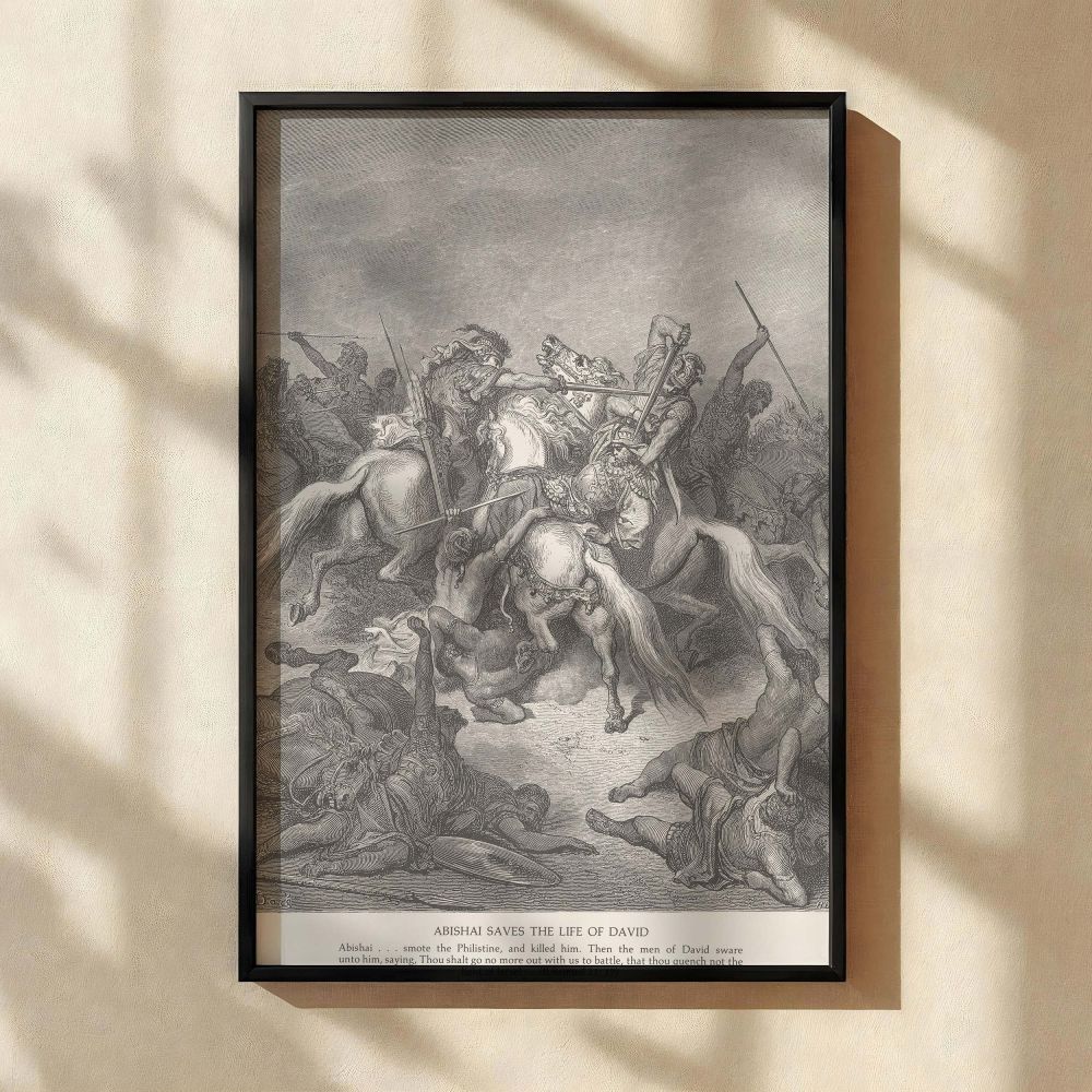 This grayscale canvas wall print captures Gustave Dore's powerful depiction of Abishai rescuing King David during a violent biblical confrontation. At the center, two warriors on horseback collide with swords raised, surrounded by a flurry of fallen figur