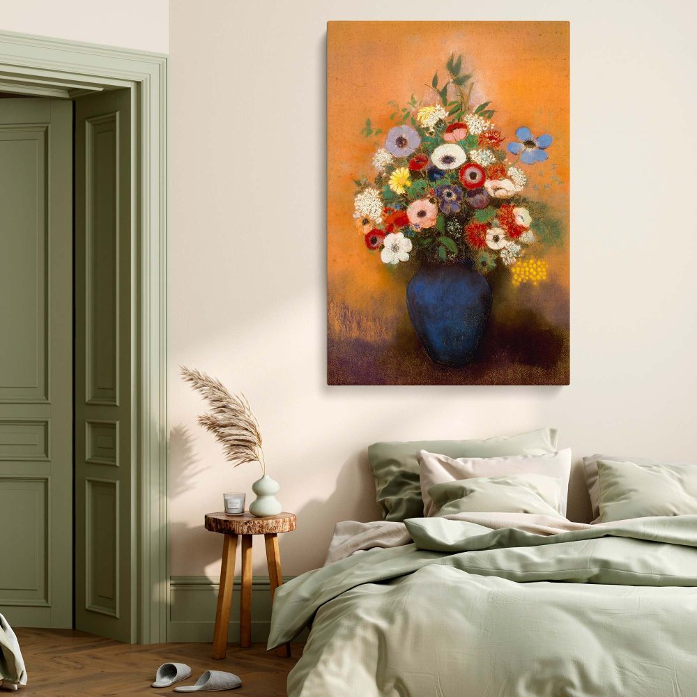 Elegant Impressionist floral painting printed on premium canvas, featuring a rich bouquet of anemones and lilacs in a striking blue vase, a timeless vintage botanical art print perfect for bedroom, living room, or office wall decor.