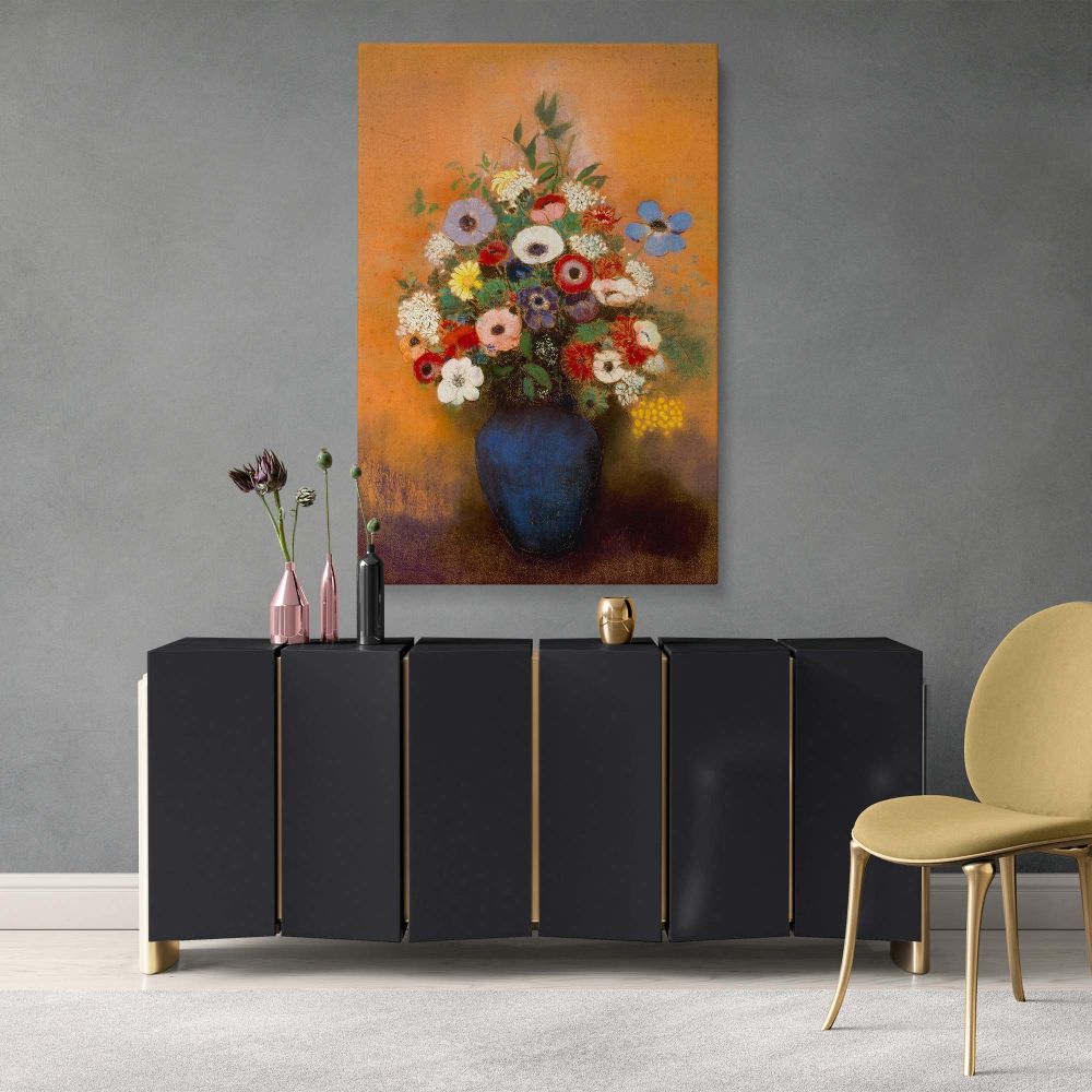 Classic French floral painting by Odilon Redon, printed on fade-resistant canvas, featuring an expressive arrangement of colorful flowers, a sophisticated wall decor piece for collectors of Impressionist and Symbolist artworks.