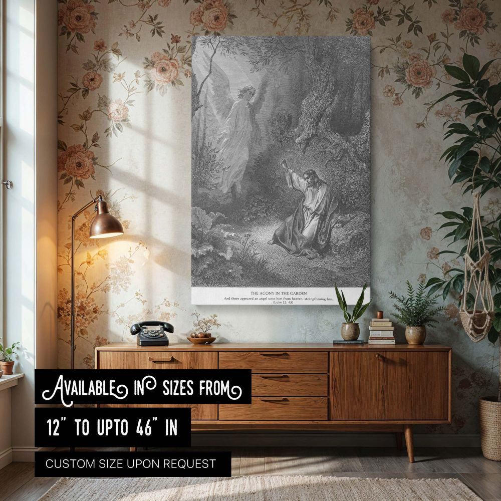 Canvas wall art of An Angel Appears to Jesus in the Garden by Gustave Dore showing Christ kneeling in anguish while an angel descends in radiant light to offer comfort, creating a powerful gospel moment ideal for Christian decor and prayerful meditation.