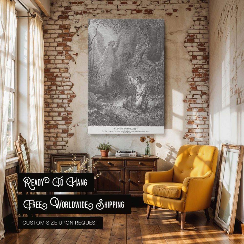 Biblical canvas wall art portraying Jesus in prayerful agony with an angel comforting Him from heaven, showing divine support in the darkest hour, beautifully engraved by Dore for church, home, or devotional spaces rooted in faith.
