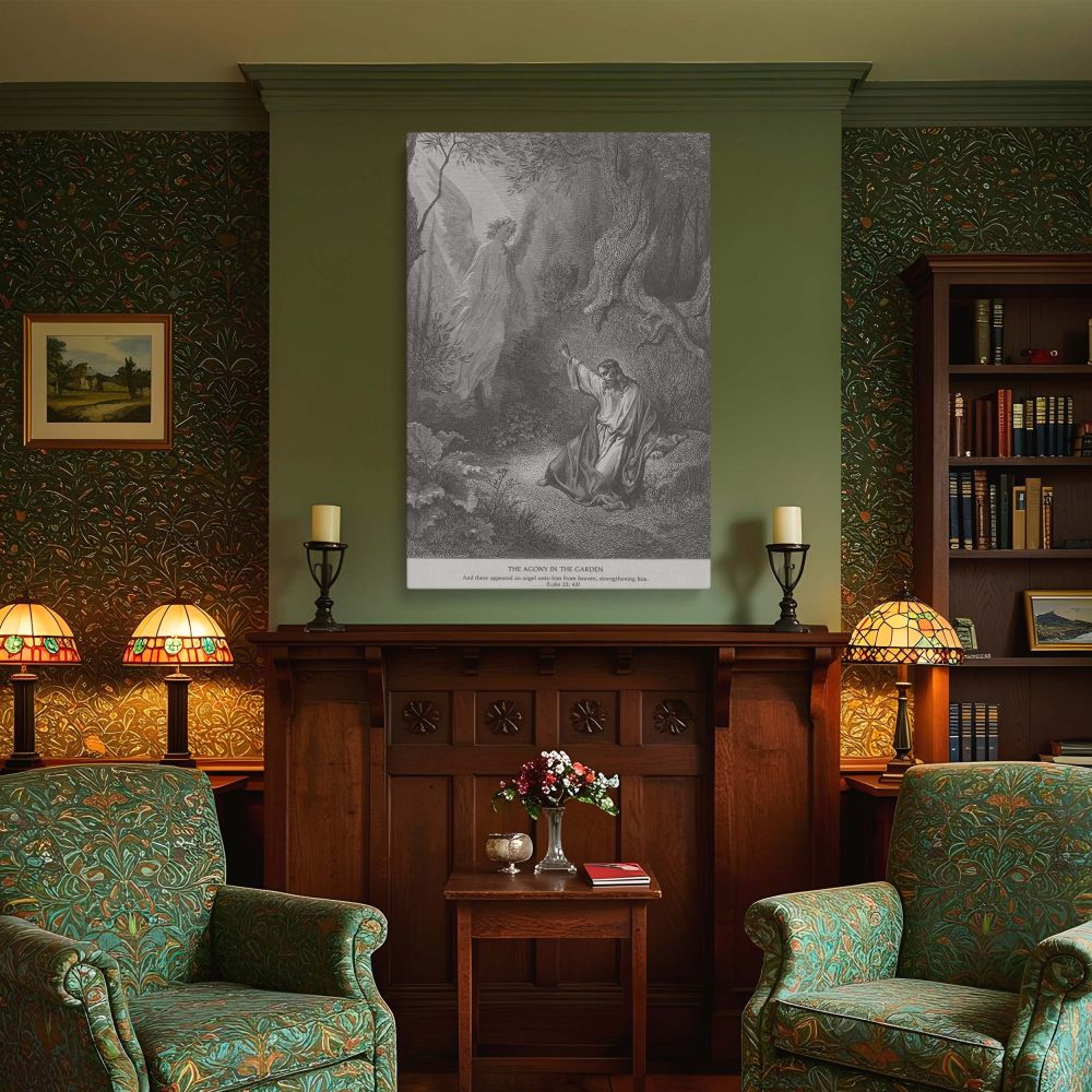 Canvas wall art featuring the gospel moment of Christ in the garden with an angel at His side, capturing both divine intervention and human struggle in Dore's masterful style-ideal for homes that honor Christian themes of perseverance and trust.