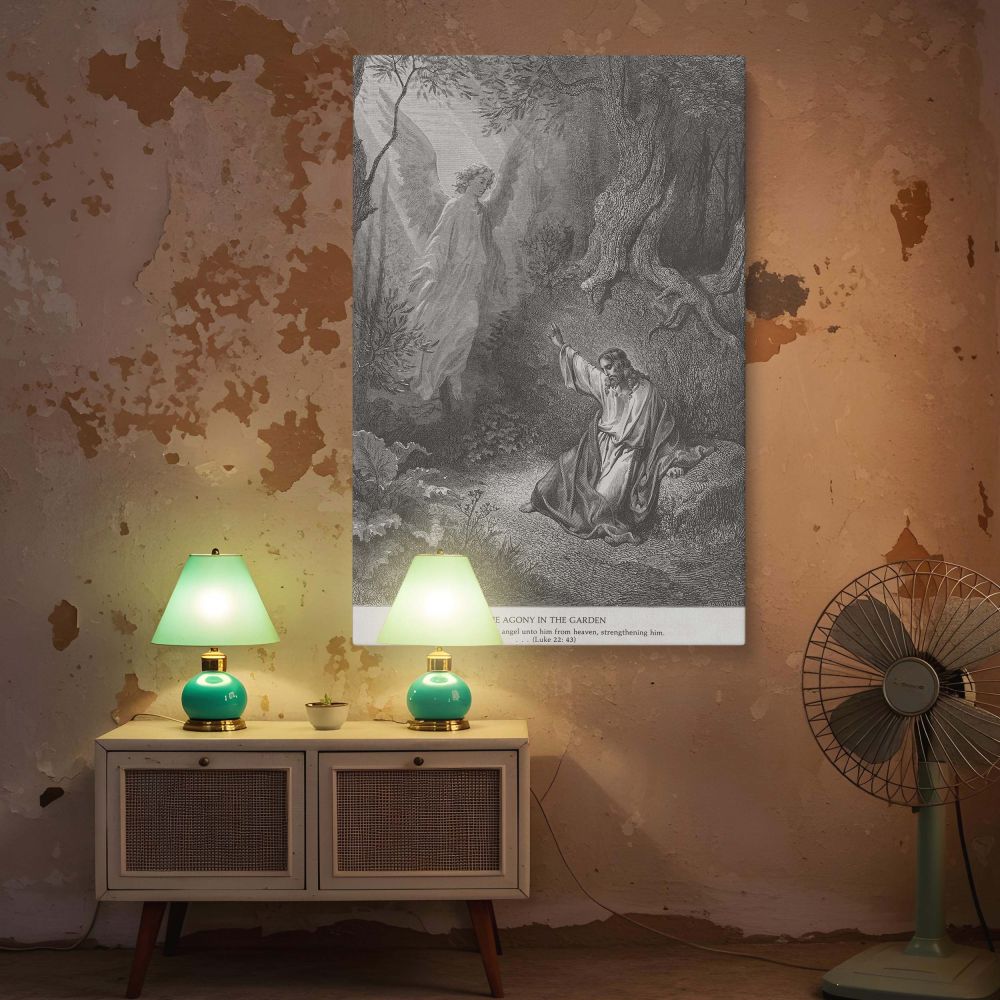 Christian canvas wall art of Jesus in Gethsemane receiving heavenly strength through an angelic visitation, engraved by Gustave Dore with emotional clarity and theological depth, making it a standout piece for sacred home or church decor.