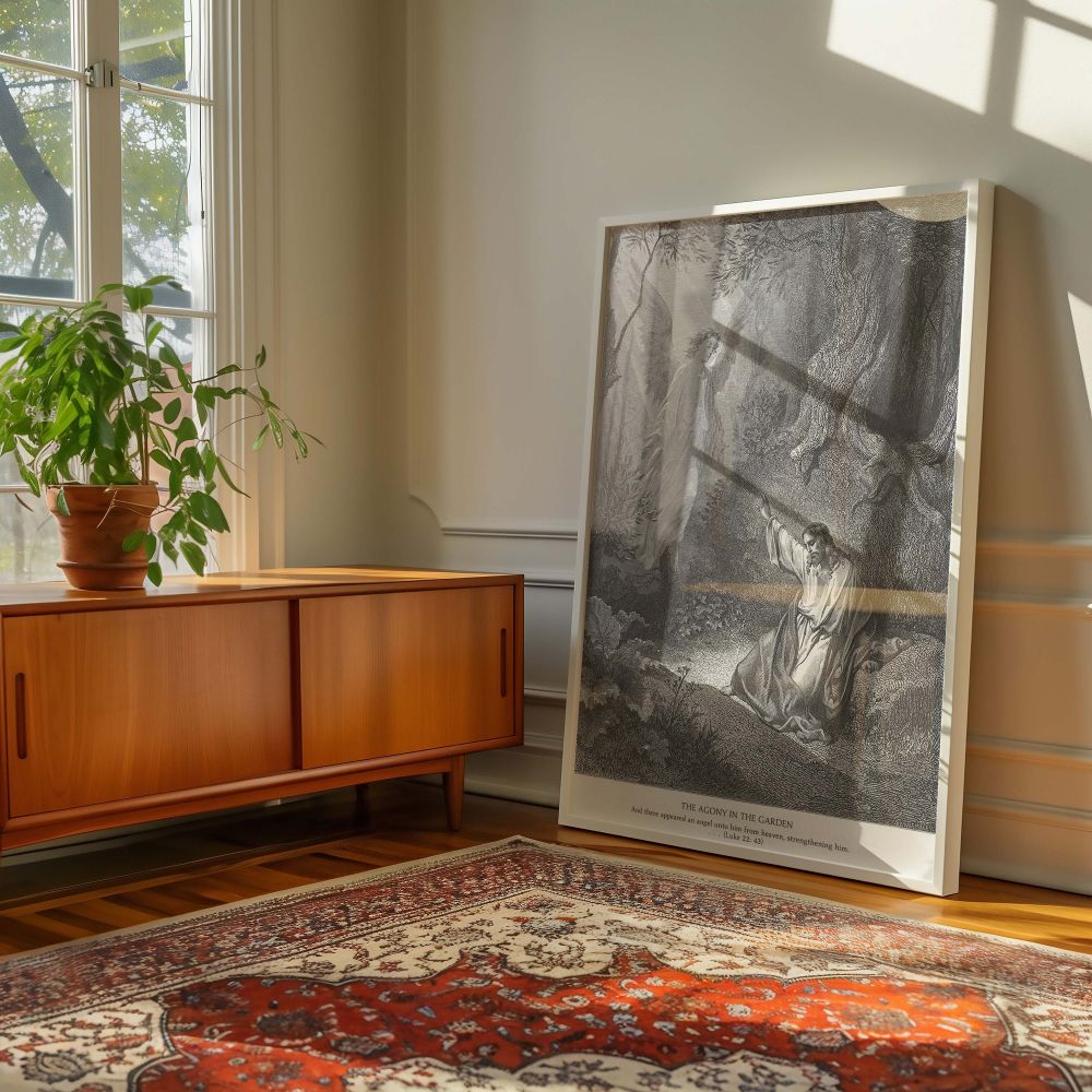 This spiritual canvas wall art shows Christ in His final night of prayer being comforted by an angel, a moment engraved by Dore with powerful visual storytelling for meditation, worship areas, and Christian reflection.