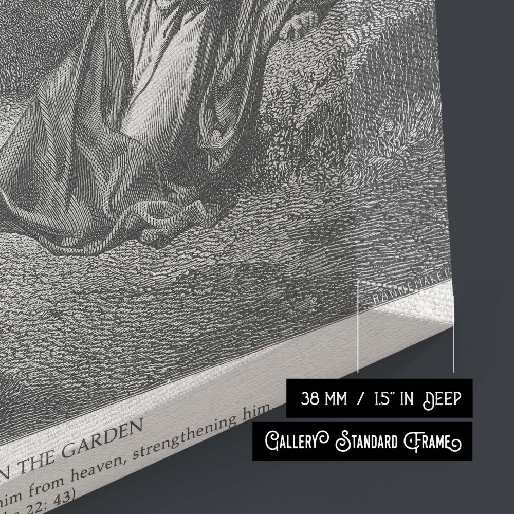 Gustave Dore's gospel illustration transformed into canvas wall art showing Jesus suffering in Gethsemane while an angel brings strength, a reminder of divine presence in pain, ideal for Christian homes and churches alike.