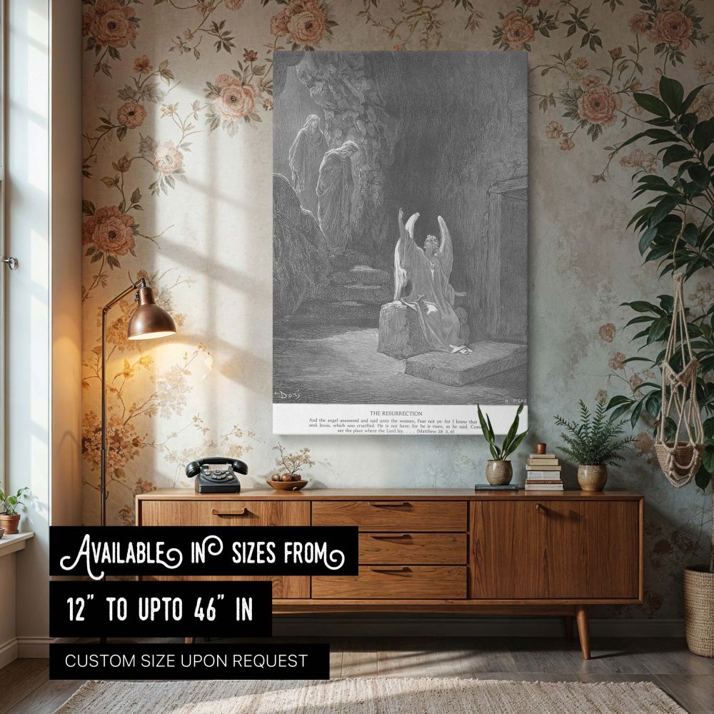 Canvas wall art of the angel sitting at the empty tomb announcing Jesus's resurrection to two women, captured in Gustave Dore's biblical engraving with dramatic shadows and divine gesture, offering a powerful depiction of Easter faith for Christian home d