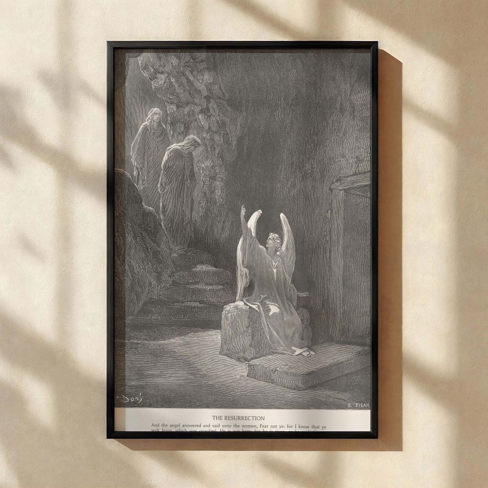 This canvas wall art features the angel revealing Christ's resurrection to Mary Magdalene and the other Mary at the empty tomb, a moment of awe and joy captured in Gustave Dore's intricate engraving, perfect for sacred spiritual decor and Easter celebrati