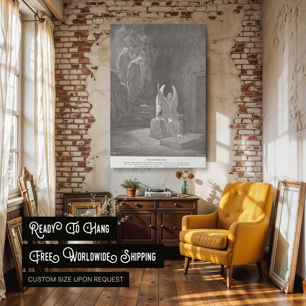 Gustave Dore's depiction of the resurrection announcement is beautifully rendered in this canvas wall art, showing the angel pointing toward heaven as the women look on with reverence, symbolizing hope and new life for Christian home and church settings.