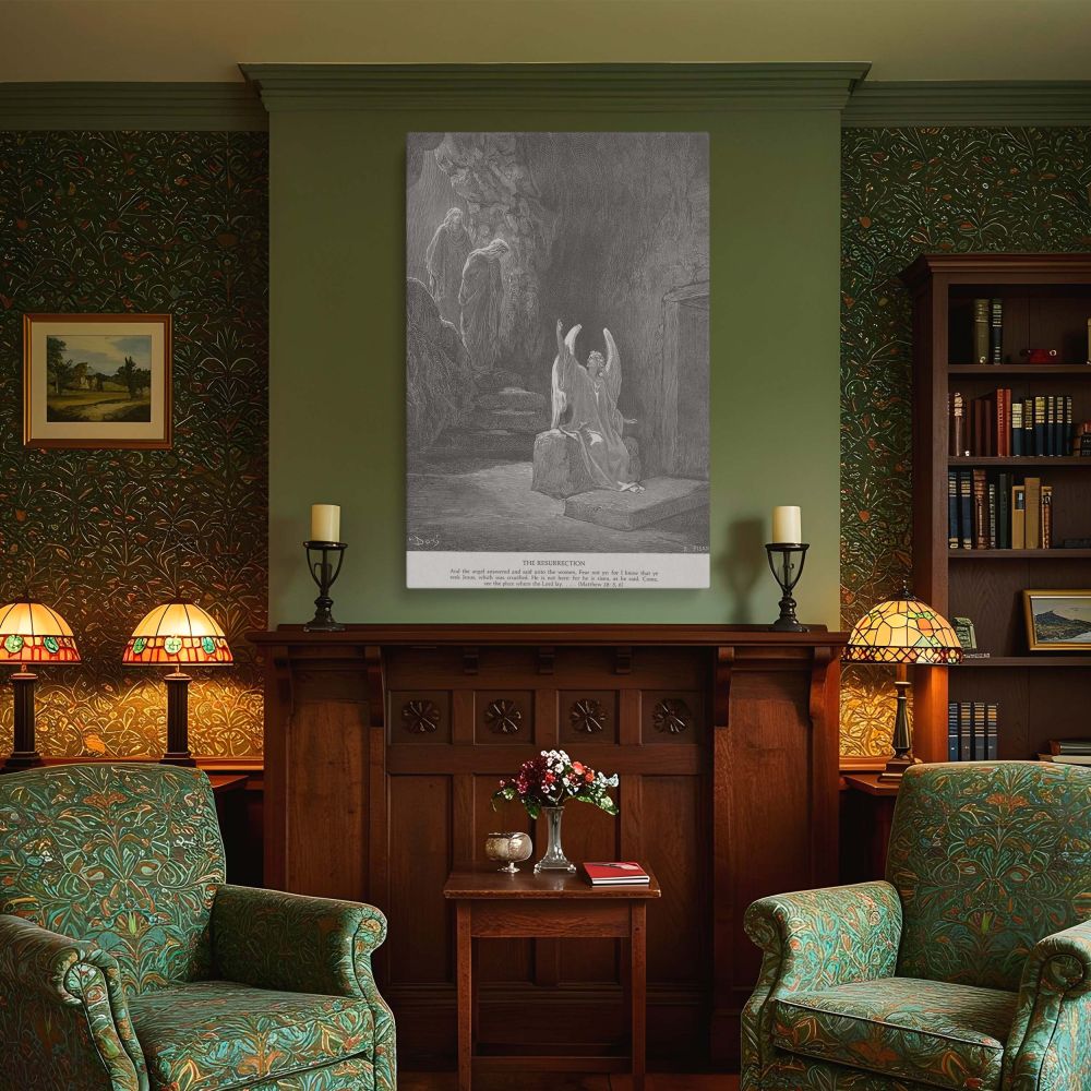 A sacred moment captured in black and white, this canvas wall art shows the angel declaring Jesus has risen to the women at the tomb in Dore's signature engraved style, making it an ideal piece for Easter reflection and religious inspiration.