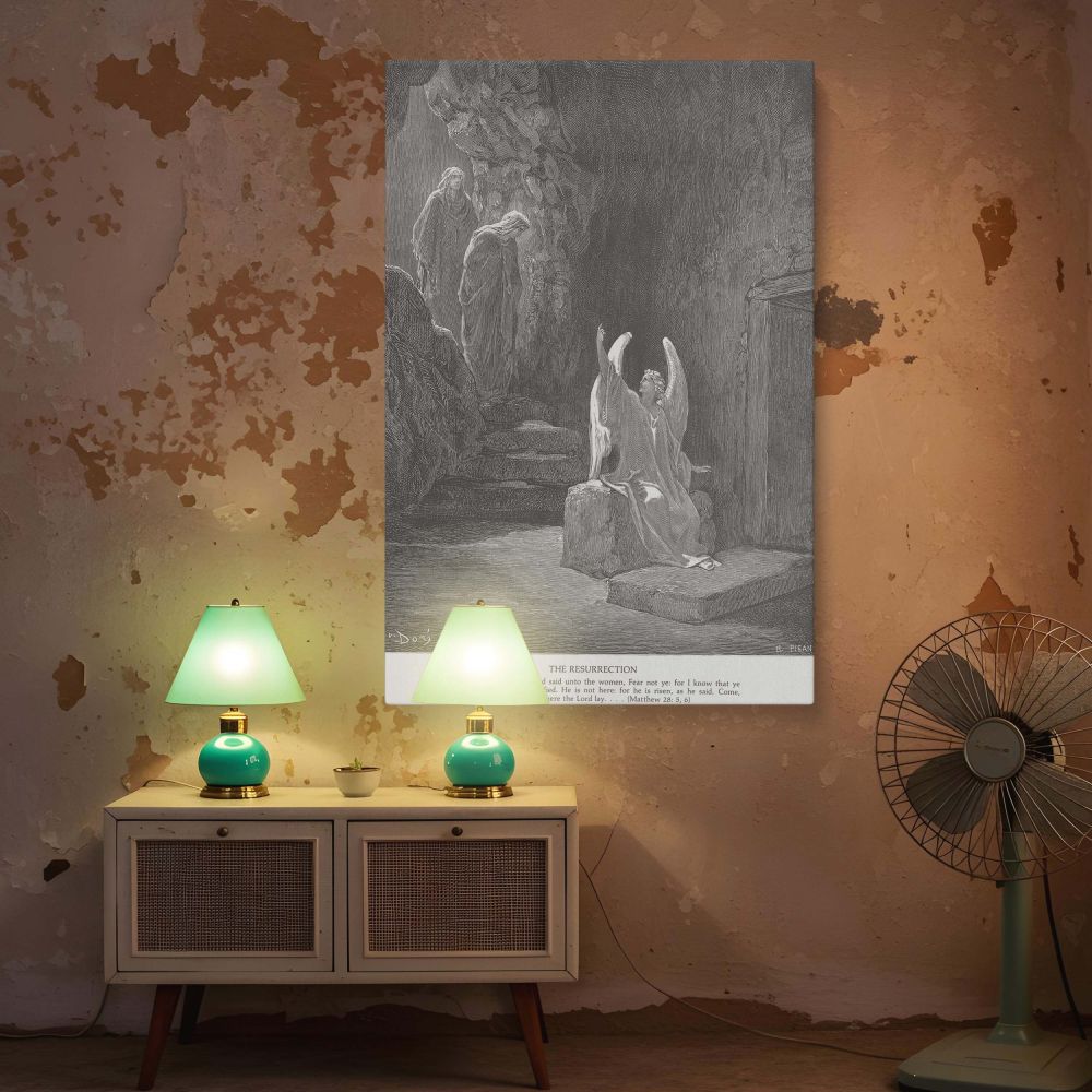Canvas wall art of the biblical scene where the angel tells the women Christ has risen, with the empty tomb behind him and light entering the cave, a stunning Dore engraving reproduced for Christian homes and prayer rooms.