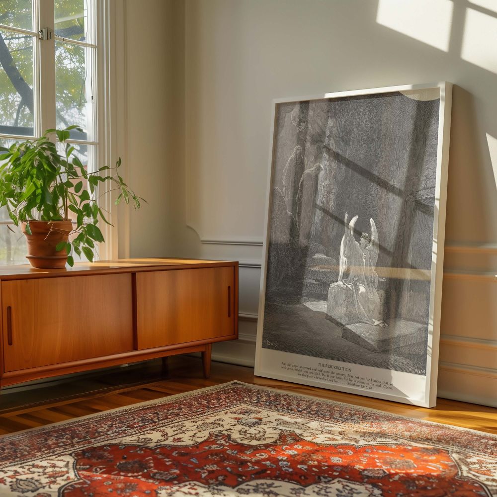 This canvas wall art powerfully illustrates the moment of Christ's resurrection through the announcement by the angel, as captured by Gustave Dore, with faithful women in awe and a sacred stillness that enhances any religious decor.