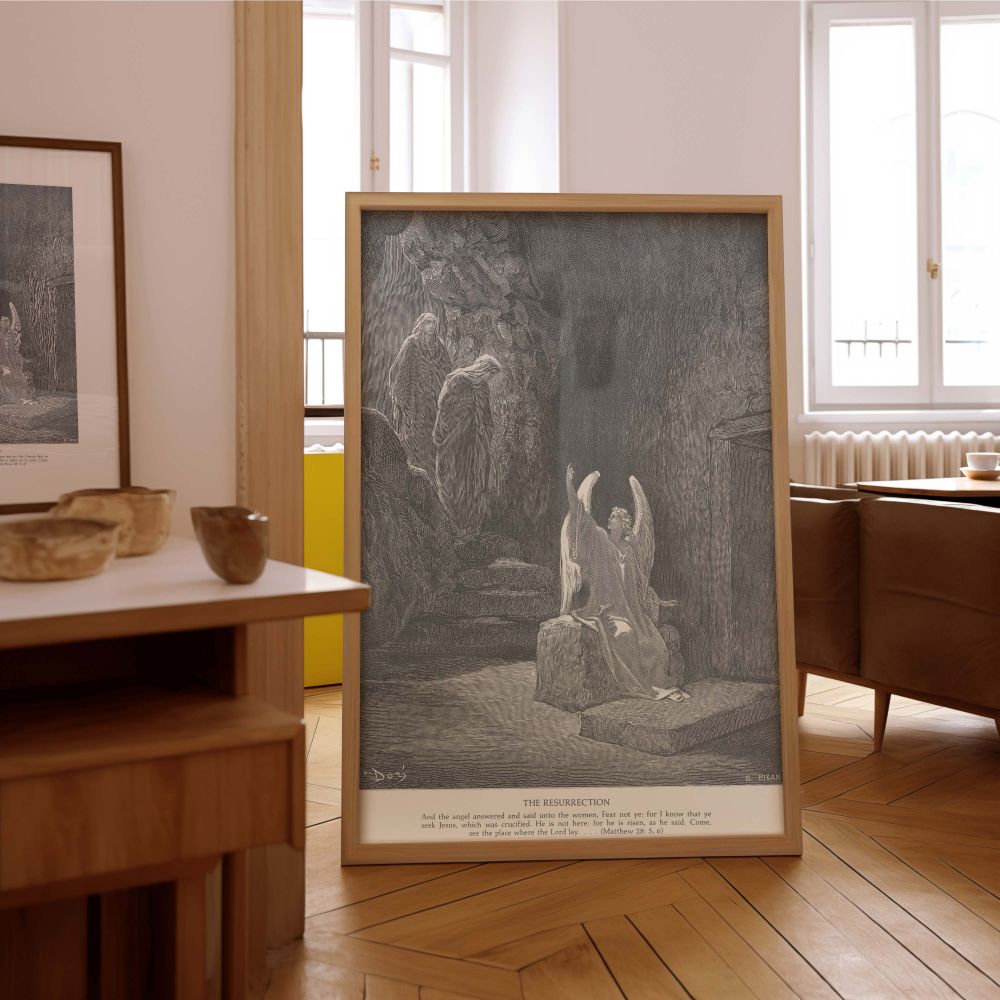 Reproduced from Gustave Dore's engraving, this canvas wall art shows the angel on the stone at the tomb's entrance, raising his hand as he tells the women Christ is no longer here, ideal for Easter gifts or sacred home gallery spaces.