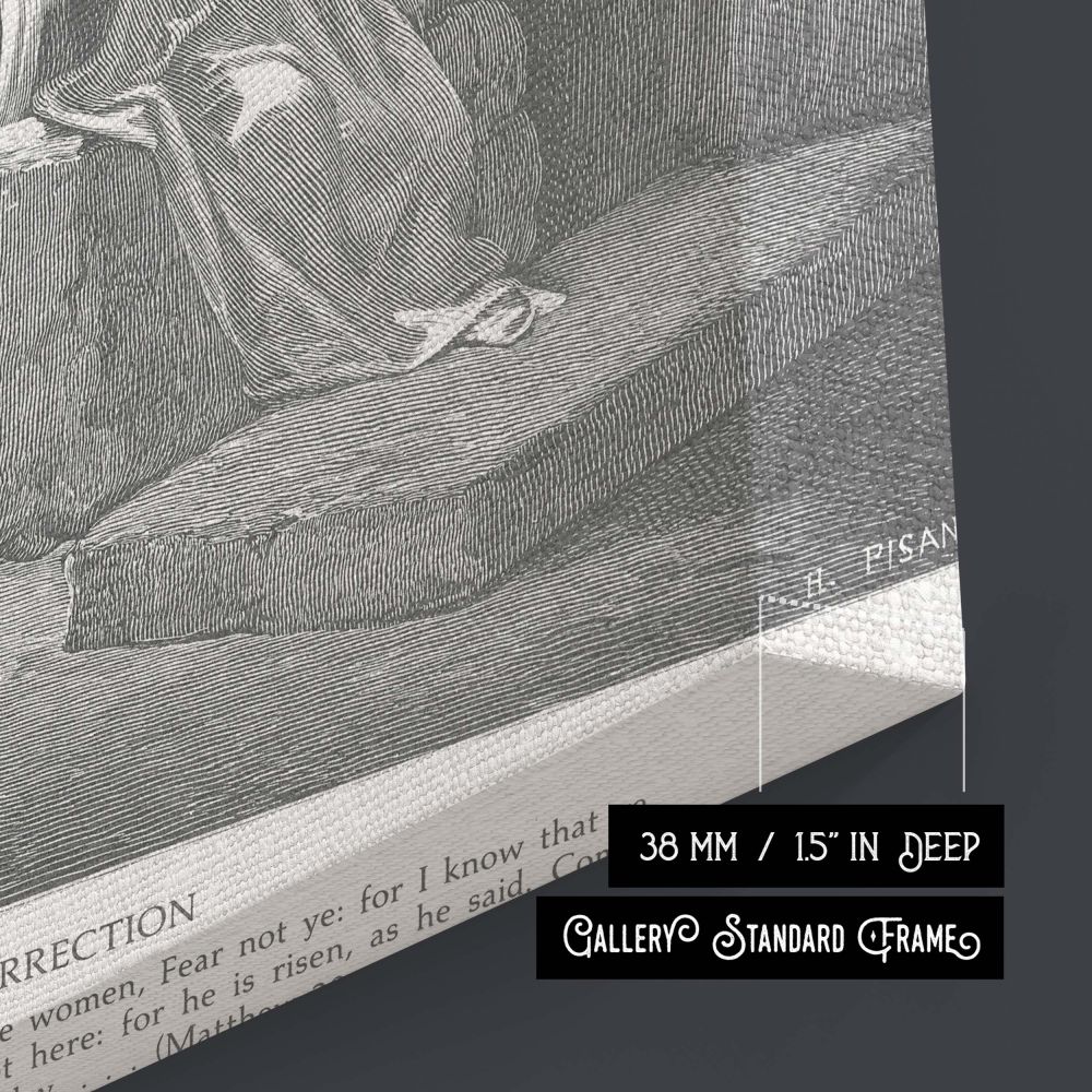 A dramatic and hopeful canvas wall art print showing the angel announcing the resurrection in a darkened tomb as women step inside, full of biblical symbolism and grace from Gustave Dore's masterful pen, ideal for spiritual Christian interiors.