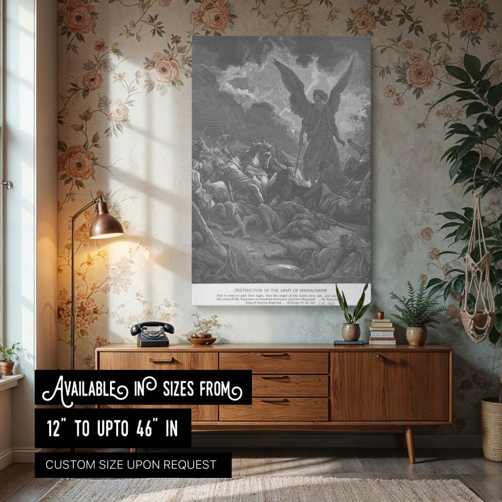 This dramatic canvas wall print features Gustave Dore's engraving of the destruction of Sennacherib's army, as an angel of the Lord stands illuminated with sword in hand amidst fallen warriors. The dark battlefield contrasts with divine light radiating fr