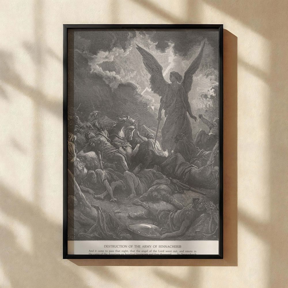 Depicting a pivotal biblical scene from 2 Kings, this wall canvas shows Gustave Dore's detailed engraving of the angel destroying Sennacherib's army. The angel glows with light against a stormy sky while soldiers and horses collapse around him in darkness