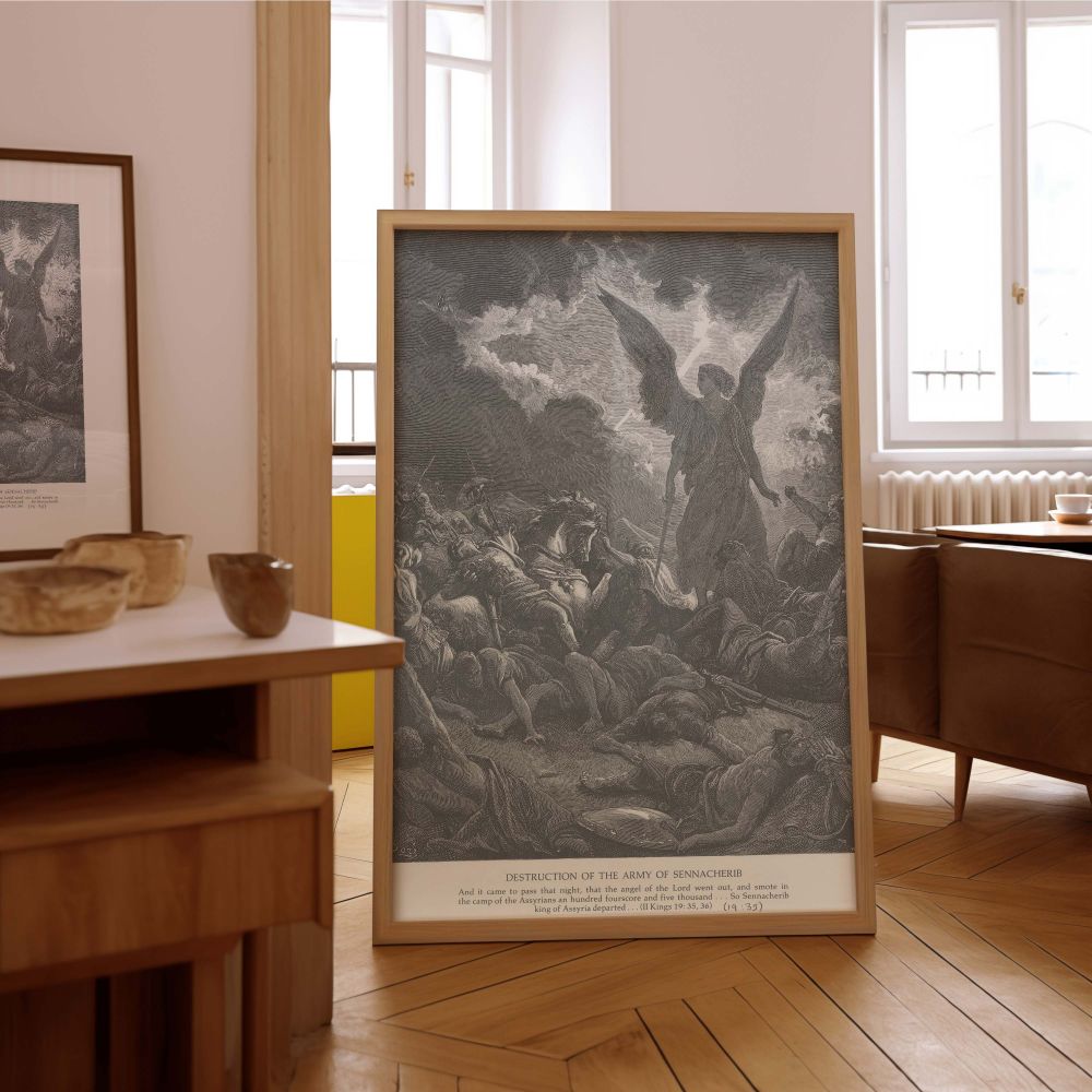 This canvas showcases the biblical scene of divine judgment as portrayed by Gustave Dore, where the angel destroys Sennacherib's army in one sweeping act. Soldiers lie strewn across the battlefield beneath a radiant figure. With bold contrasts and sacred 
