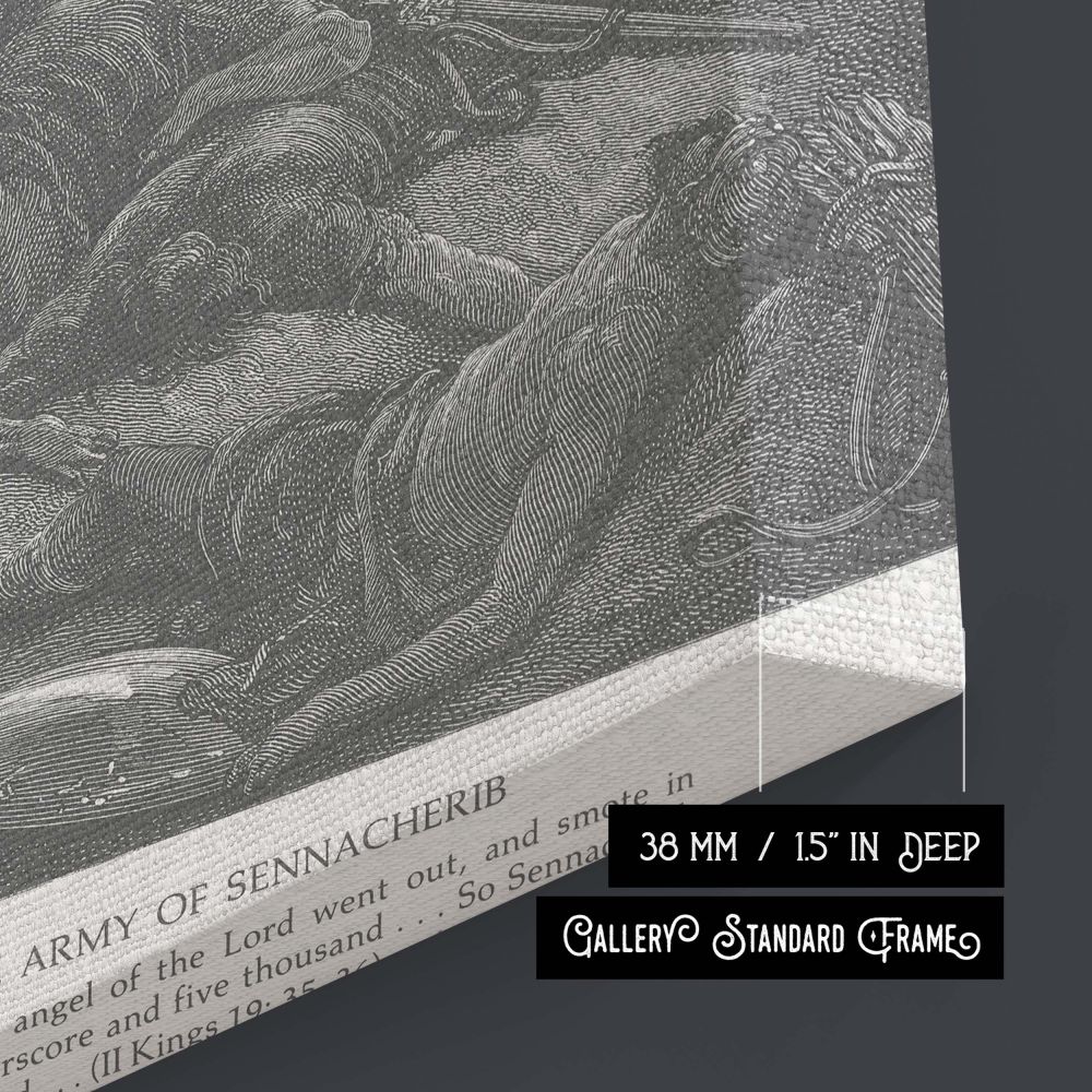 Featuring a towering angel with outspread wings and glowing sword, this canvas print of Dore's 