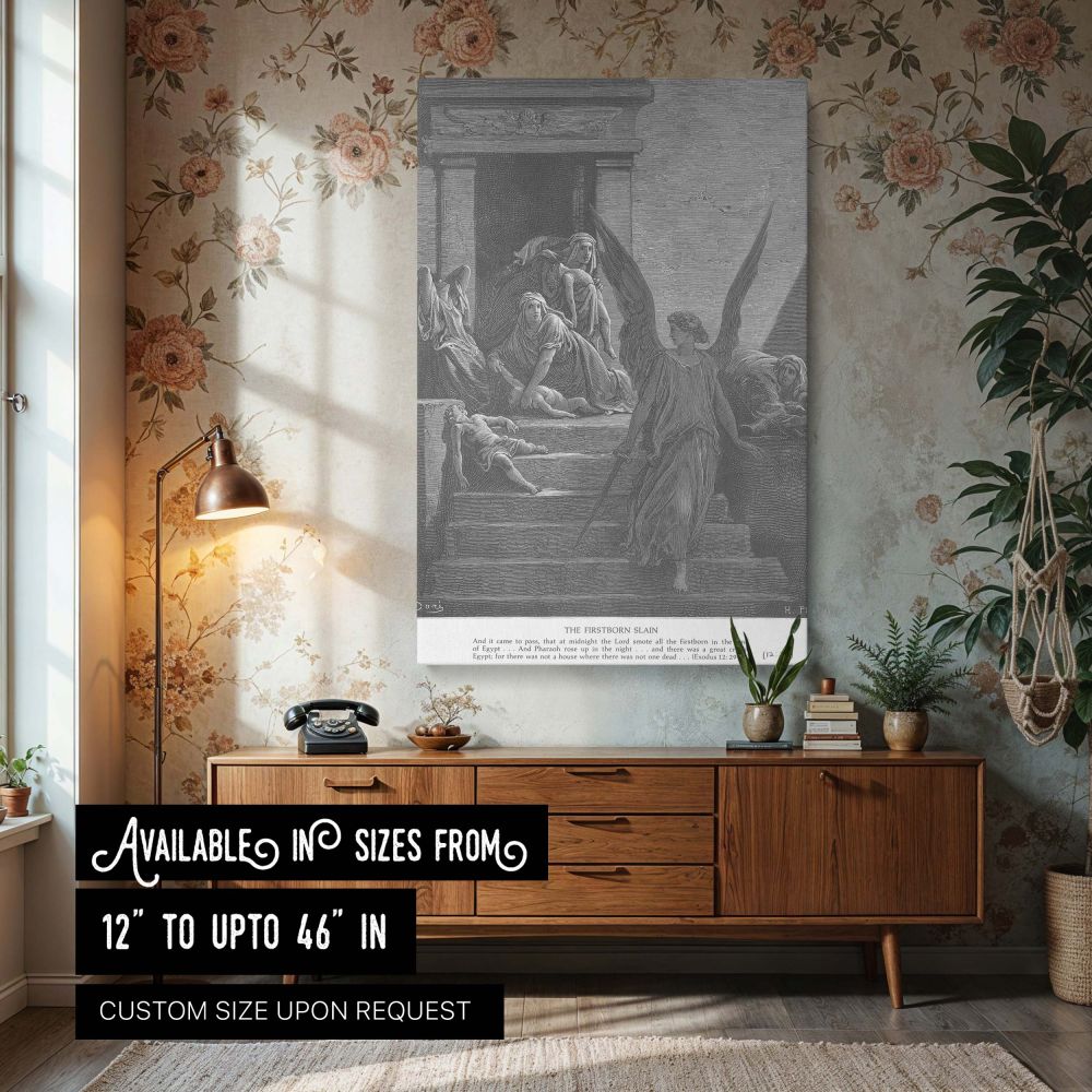 This wall canvas features Gustave Dore's haunting depiction of the final plague in Egypt, showing the angel of death with a sword walking past grieving Egyptians as lifeless children lay in mourning arms, rendered in dramatic black and white with sacred e