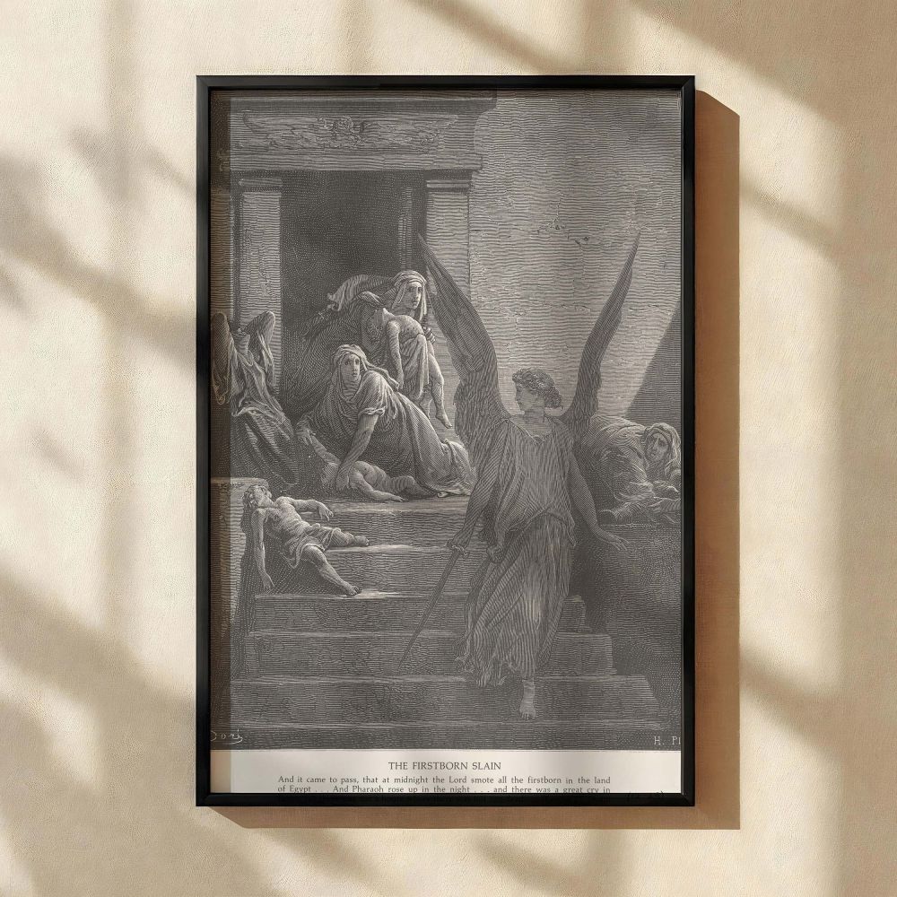 A dramatic wall canvas capturing Gustave Dore's illustration of the angel striking the firstborn of Egypt, as sorrowful mothers weep and collapse, a vivid biblical moment rendered in fine engraved detail for powerful visual storytelling and scriptural ref