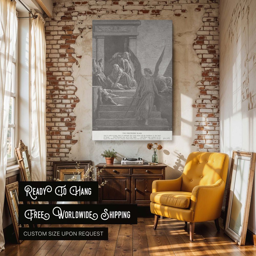 In this wall canvas, the angel of the Lord walks solemnly through a shadowed Egyptian household, sword in hand, as grief-stricken figures mourn their children, captured in a black and white scene filled with emotional depth and spiritual consequence.