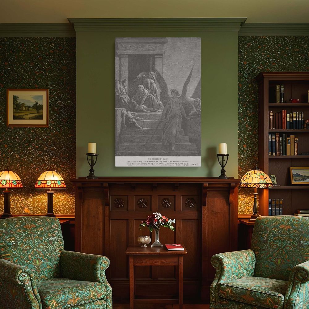 Gustave Dore's engraved masterpiece is shown on this wall canvas, portraying divine judgment during the final plague with a sword-bearing angel and wailing families, a spiritually significant and visually striking moment rendered in dramatic monochrome.