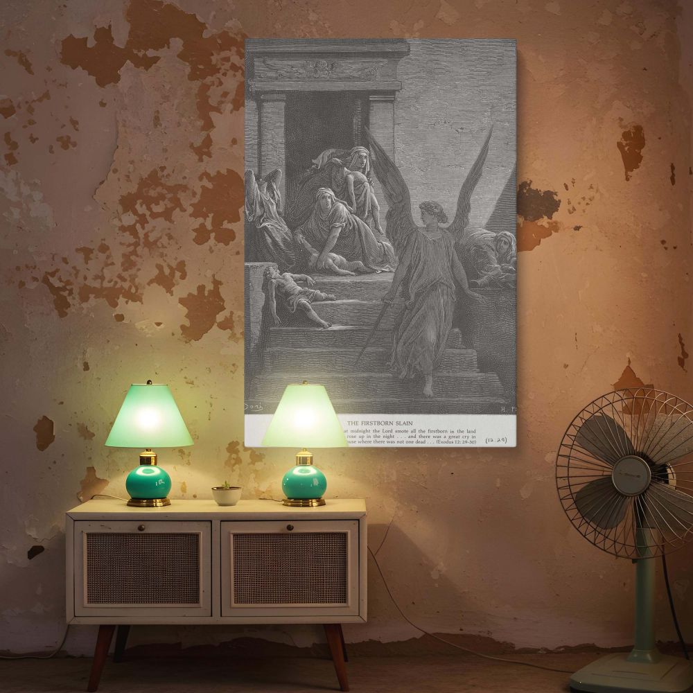 This wall canvas illustrates a biblical scene of divine consequence as Gustave Dore depicts the angel of death's passage through Egypt, with mothers collapsed in grief and sorrow under a sky heavy with judgment, crafted in detailed engraved texture.