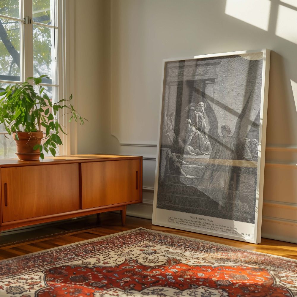 A powerful wall canvas from Dore's Exodus series shows the angel of God enacting judgment over Egypt's firstborn, while Egyptian women kneel and cry around the fallen, rendered with careful detail and emotional gravity in classic black and white.