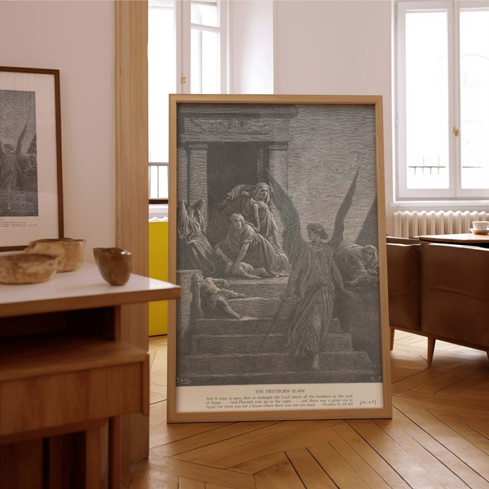 This black and white wall canvas captures the moment the angel of the Lord strikes the firstborn of Egypt, shown in flowing robes and sword in hand as terrified families mourn, representing divine authority and scriptural fulfillment through art.