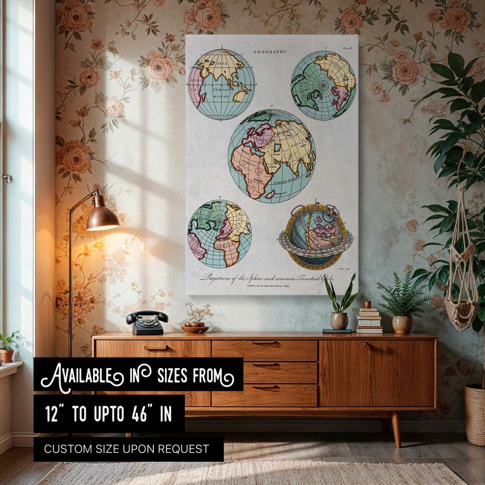 Vintage World Map Wall Art - This antique-style geography canvas map showcases the hemispheres of a globe, featuring intricate details of continents and oceans. Perfect for home office decor, study rooms, or libraries, this classic wall hanging adds a tim