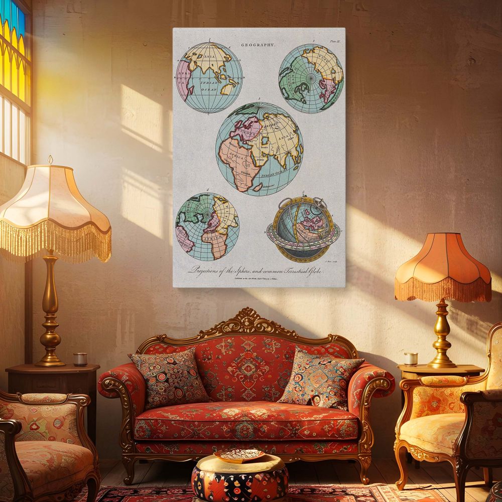 Classic World Map Canvas Art - Featuring detailed hemispheres of the globe, this vintage-inspired geography canvas map is a stunning piece of world map wall art. Ideal for home office decor, living rooms, or study areas, it brings a sophisticated and inte
