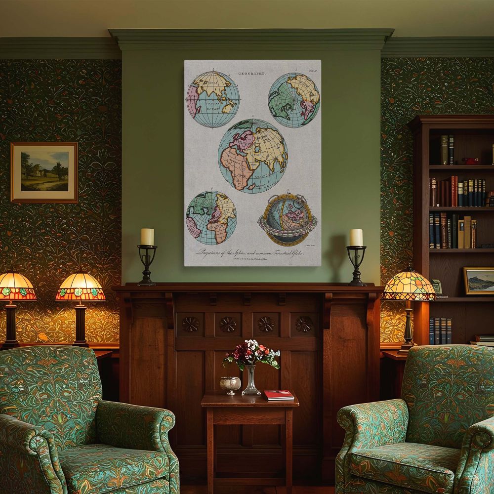 Antique World Map Print for Wall - This beautifully crafted geography canvas map showcases a vintage-style world map, designed for elegant home office decor. Perfect as a wall hanging, it enhances libraries, studies, and travel-themed rooms. The intricate