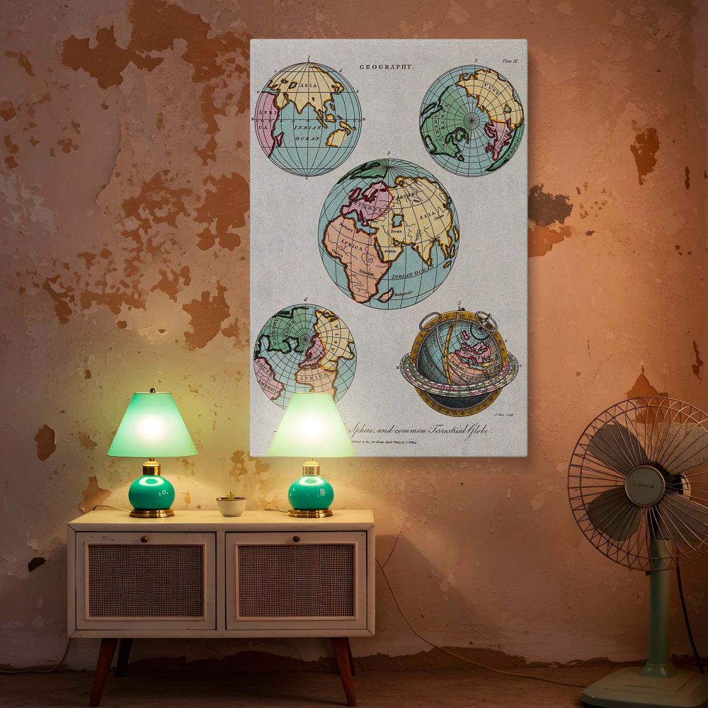 Hemispheres of a Globe Wall Art - Bring a historical touch to your space with this world map wall art, featuring the hemispheres of a globe in an antique-style print. A perfect piece for home office decor, this geography canvas map suits both modern and v